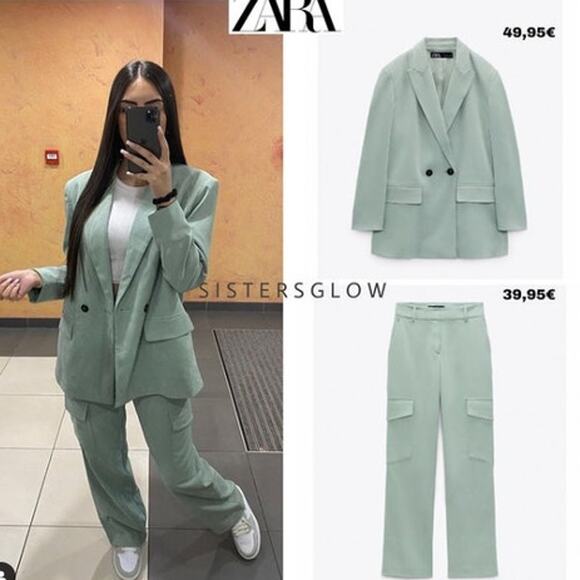 Zara Double Breasted Soft Oversized Blazer Jacket Light Green Shoulder Pads - Picture 2 of 13